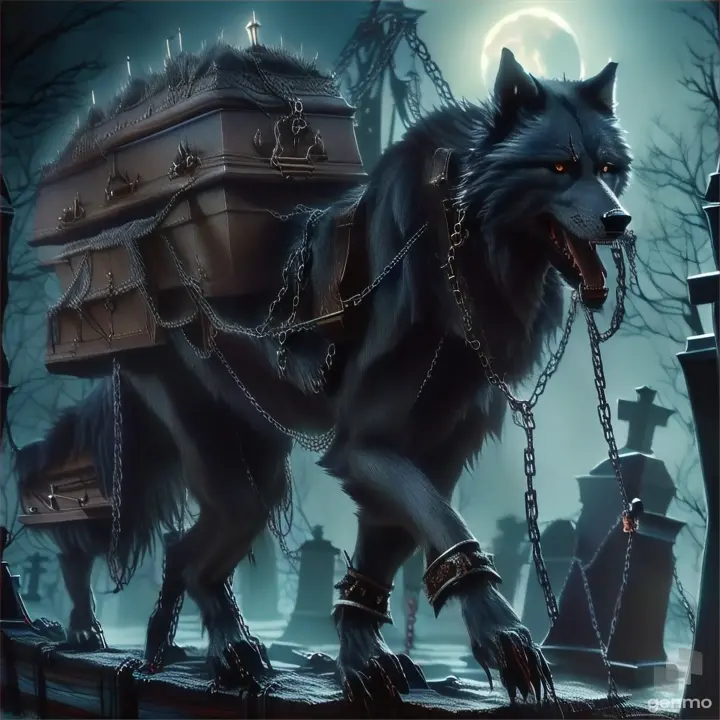 a wolf with chains and a coffin on it's back