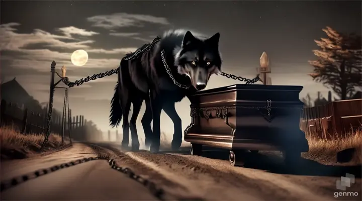 black wolf, dragging a coffin with chains attached, on a dirt road, at night