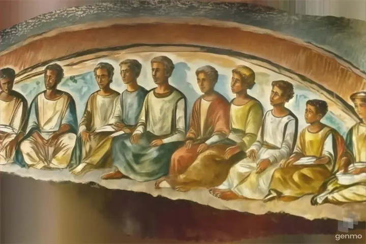 a painting of a group of people on a wall