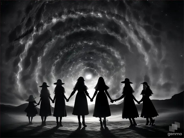 A circle of witches with their hands joined, silhouetted by the light of stars above them, summoning a swirling, ominous darkness in their midst