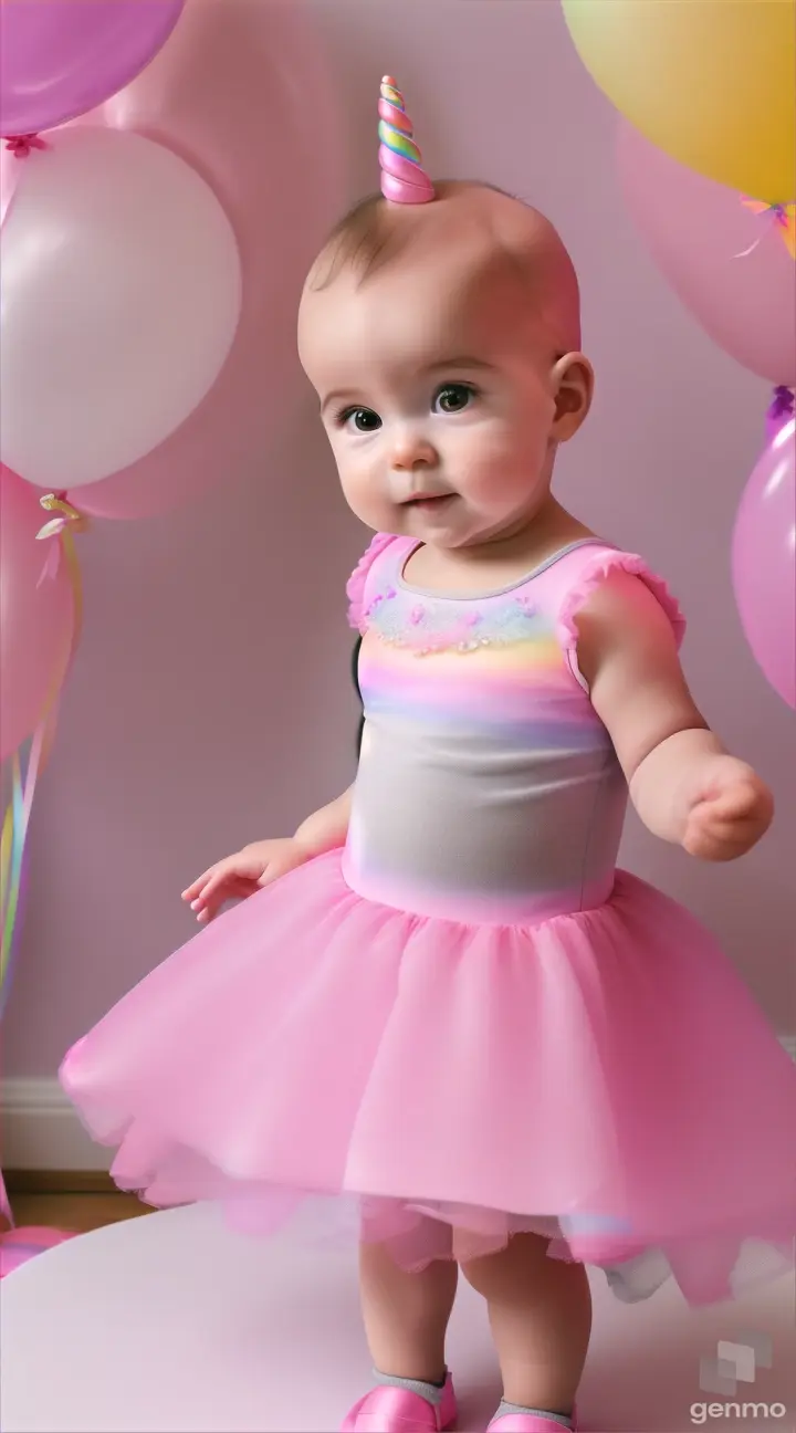 Una bebé de 8 meses, de ojos grices muy escaso pelo rubio ,vestida de rosado con un tutú traslúcido de colores arcoiris detractores de una torta de cumpleaños, la bebé aplaude  feliz en un fondo de unicornio y globos rosas 