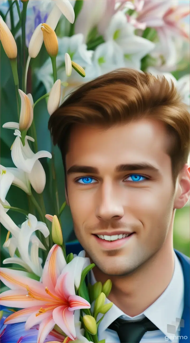 A realistically handsome man smiles, clearly detailed blue eyes, bouquet of lilies of the valley, forward