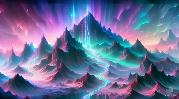 a painting of a mountain landscape with neon lights