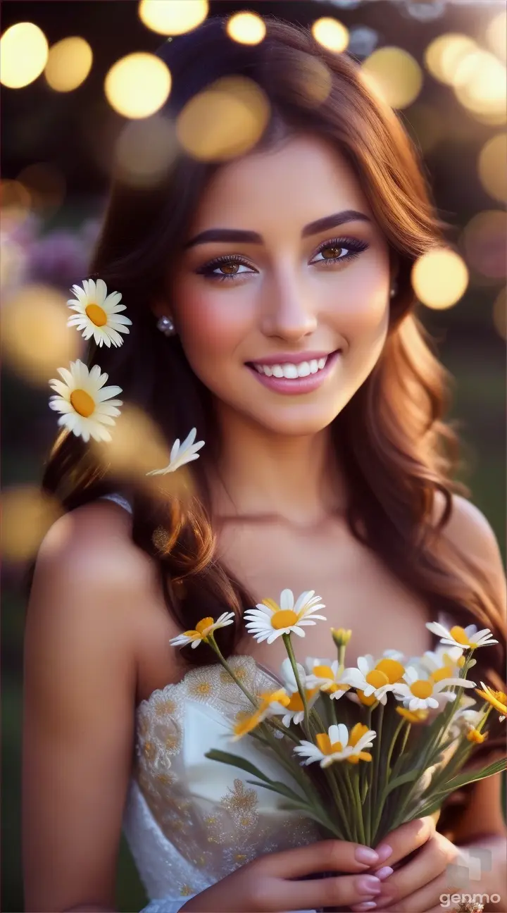 beautiful brunette with long hair, evening dress, clearly detailed brown eyes, smile, different daisy flowers around, men give her different colors of flowersbeautiful brunette with long hair, evening dress, clearly detailed brown eyes, smile, different daisy flowers around, men  her different colors of flowers