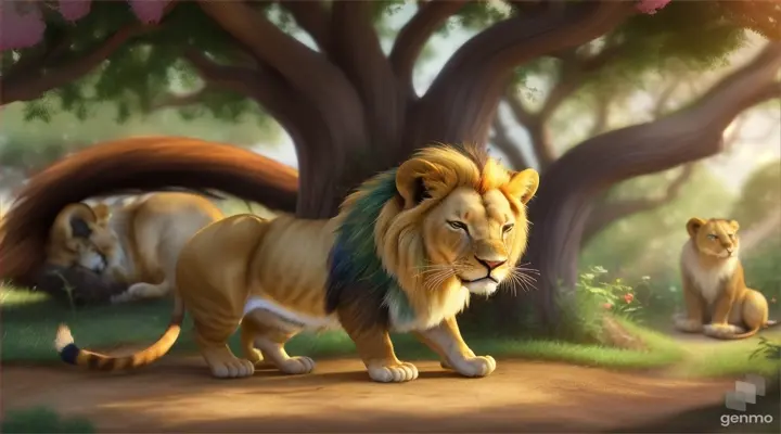 make an animated video of A little mouse, in a playful mood, began running up and down the lion's back. Lion is sleeping under a tree