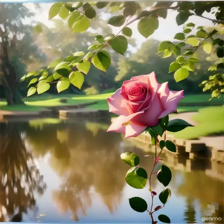 a pink rose sitting on top of a lush green field Ripples on the water and the movement of a flower in the wind. The background is stationary