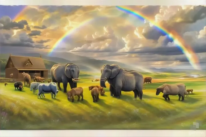 a painting of animals in a field with a rainbow in the background