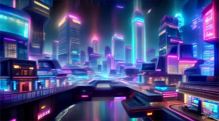 a futuristic city at night with neon lights