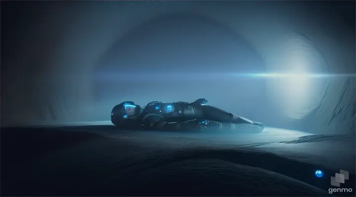 
in a small dark room in ancient alien ruins, a man dressed in a tight black space suit, overcome with fatigue, lies down to rest