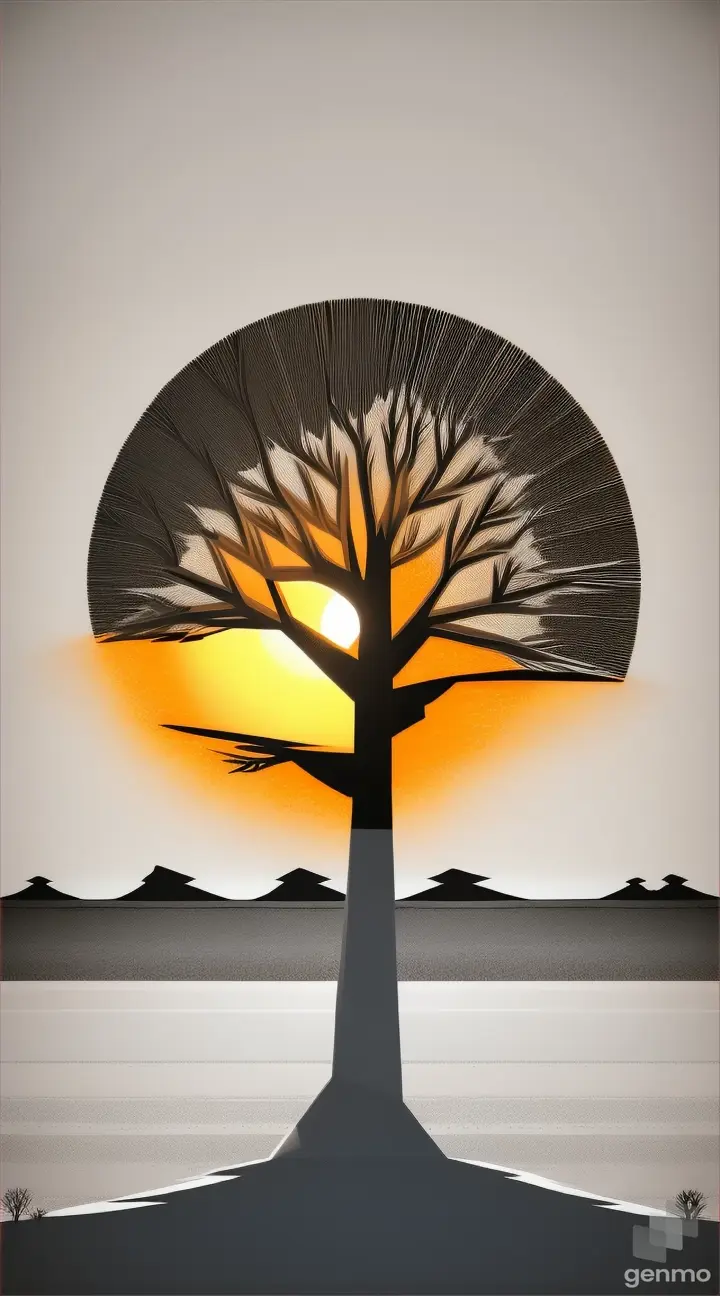 An abstract white desert landscape with a pixelated, fiery orange sun and a stylized smoking tree silhouette