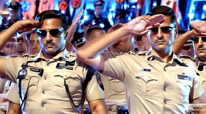 Police officers saluting in a dignified elegance, a few badges visible in the foreground with an understated American flag in the background,motion