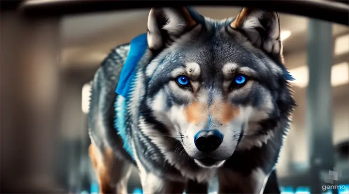 un loup gris, aux yeux bleus, fait de la musculation en salle, il a des biceps énormes. vu de plein pied.