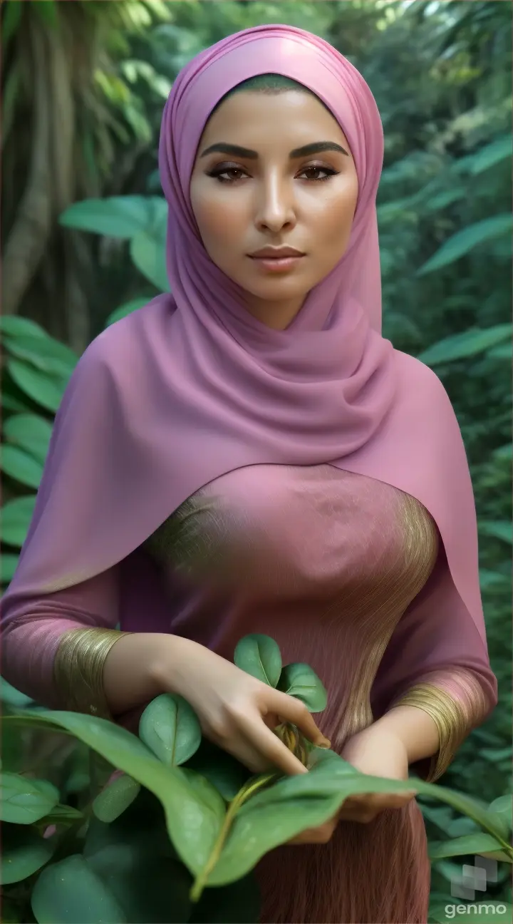 Wanita bule cantik memakai jilbab warna pink menggenggam kangkung raksasa ditengah hutan belantara dengan pepohonan besar dan bebatuan berlumut 
