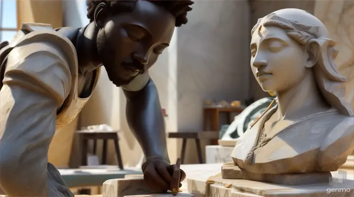 African sculptor working on marble statue in a sun-kissed studio with chisels and stone dust flying, anime, ultra hd, high quality, 8k