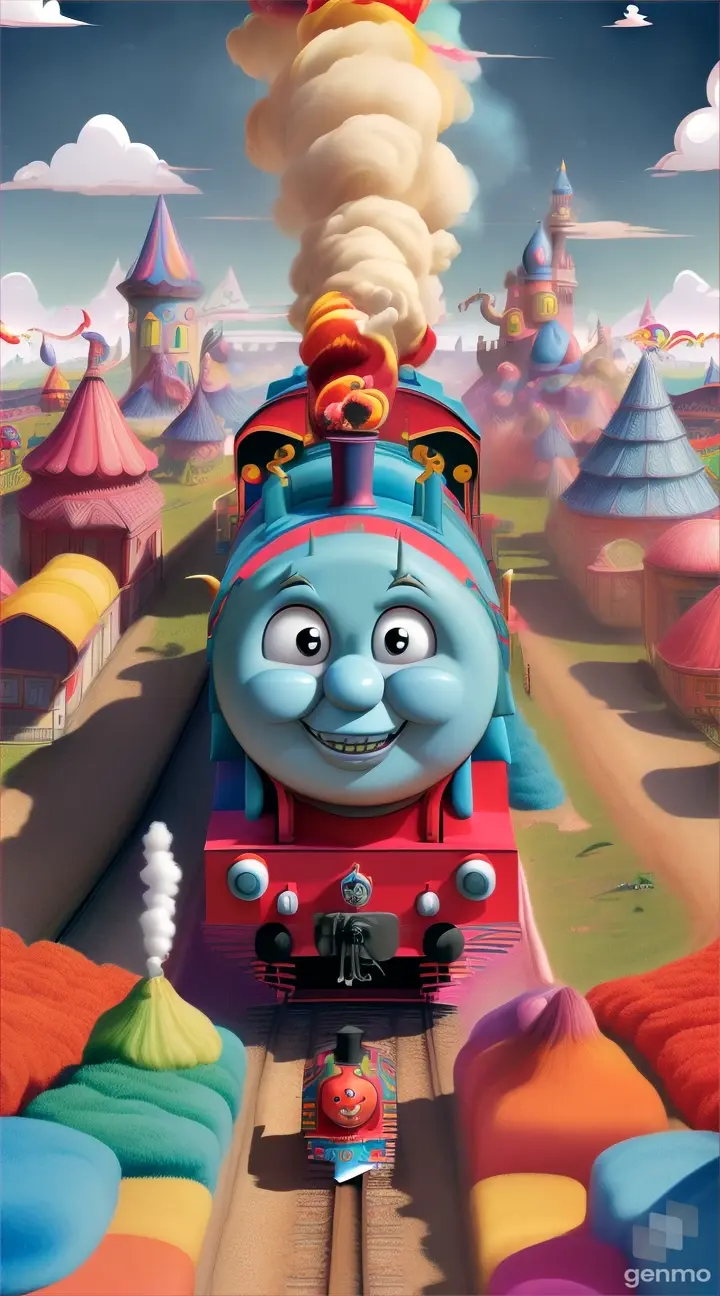 “Create a THOMAS THE TRAIN with SHARP TEETH, bull HORNS,FIRE & SMOKE in candy land”
