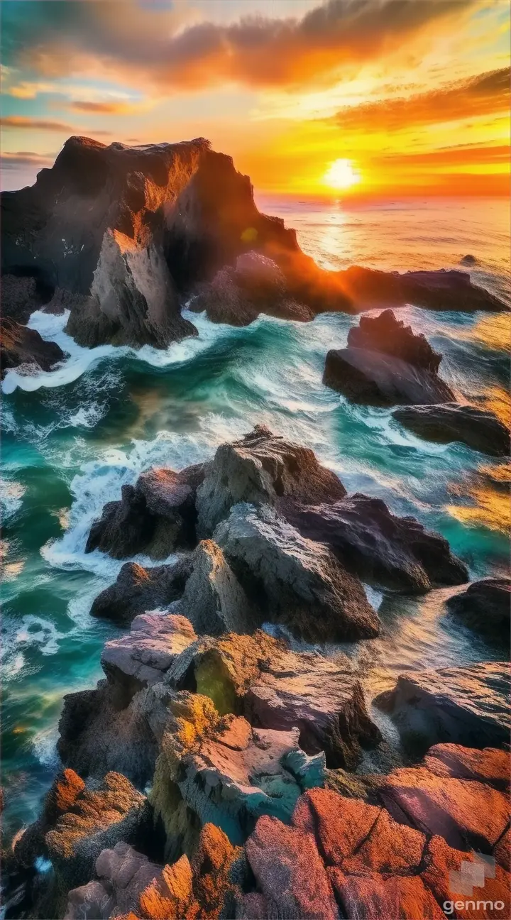 a beautiful sunset over the ocean with rocks