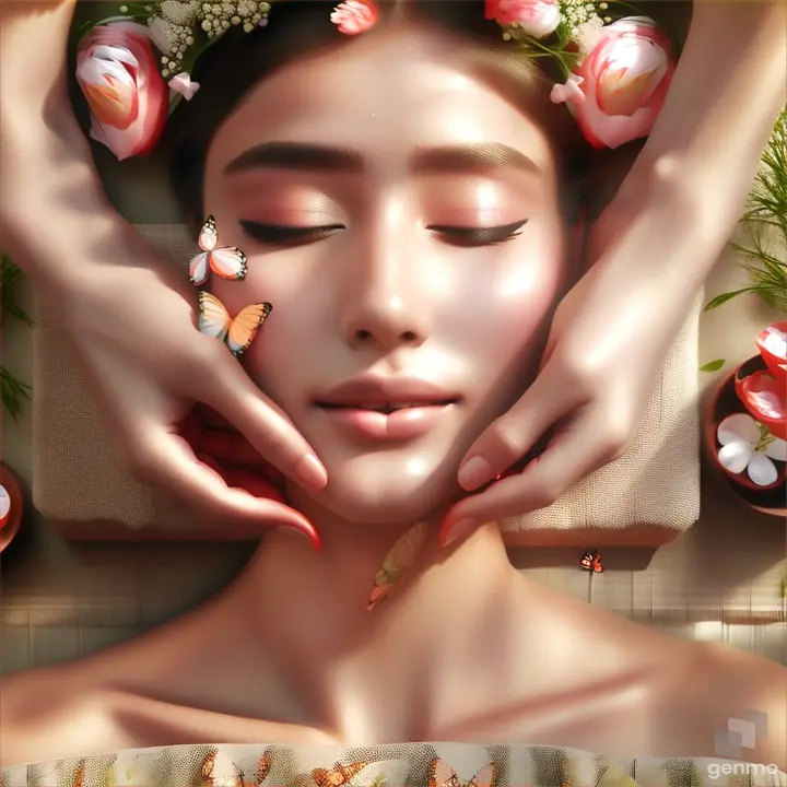 A Zen greenhouse with colorful butterflies and serene woman receiving facial, surrounded by tranquil garden