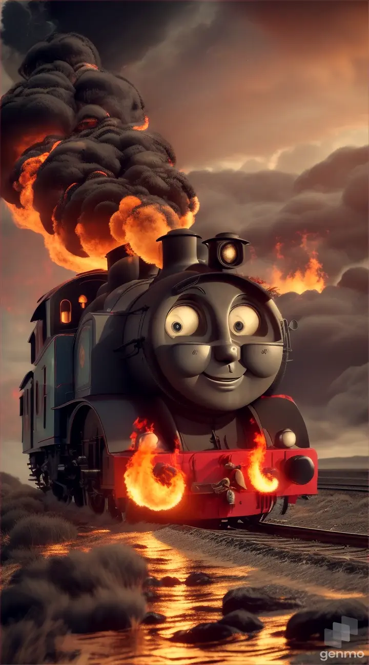 “create a masterpiece video of a Creepy Thomas the train (with giant spider legs) near sea, flames, long hair on Thomas the train” Seed: 1933731960”