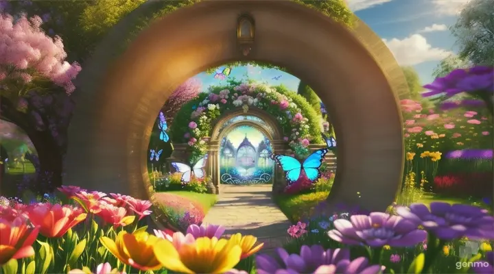 Super macro shot  shimmering portal in a serene garden, surrounded by blooming flowers and digital butterflies. As steps through the portal,  a magical world filled with vibrant colors and floating holograms, representing the enchanting and limitless horizons of AI. Super detail, professional color correction, detailed macro photography  -ar 16:9.