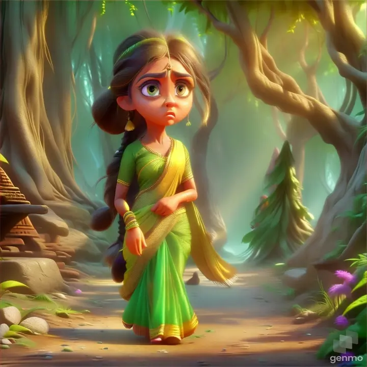  a   poor lady wearing light yellow saree with a  braid green saree , big eyes walking  sadly in a jungle 3D animation cartoon zoom in 