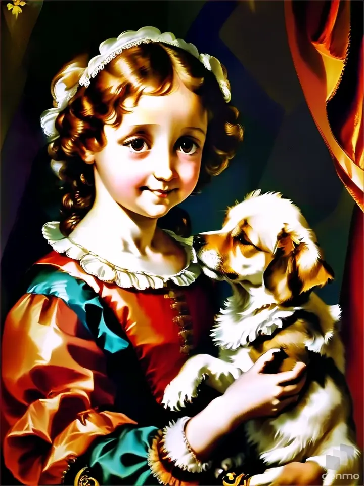 a painting of a young girl holding a dog