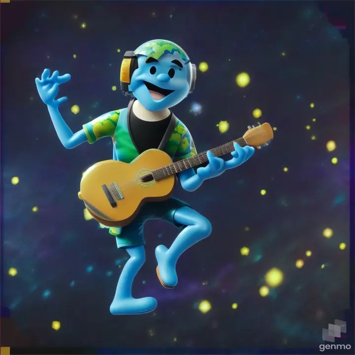 a cartoon earth playing guitar in space