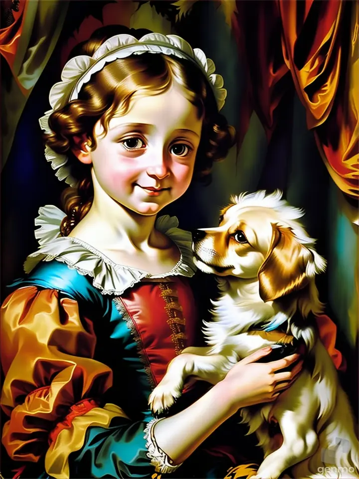 a painting of a young girl holding a dog