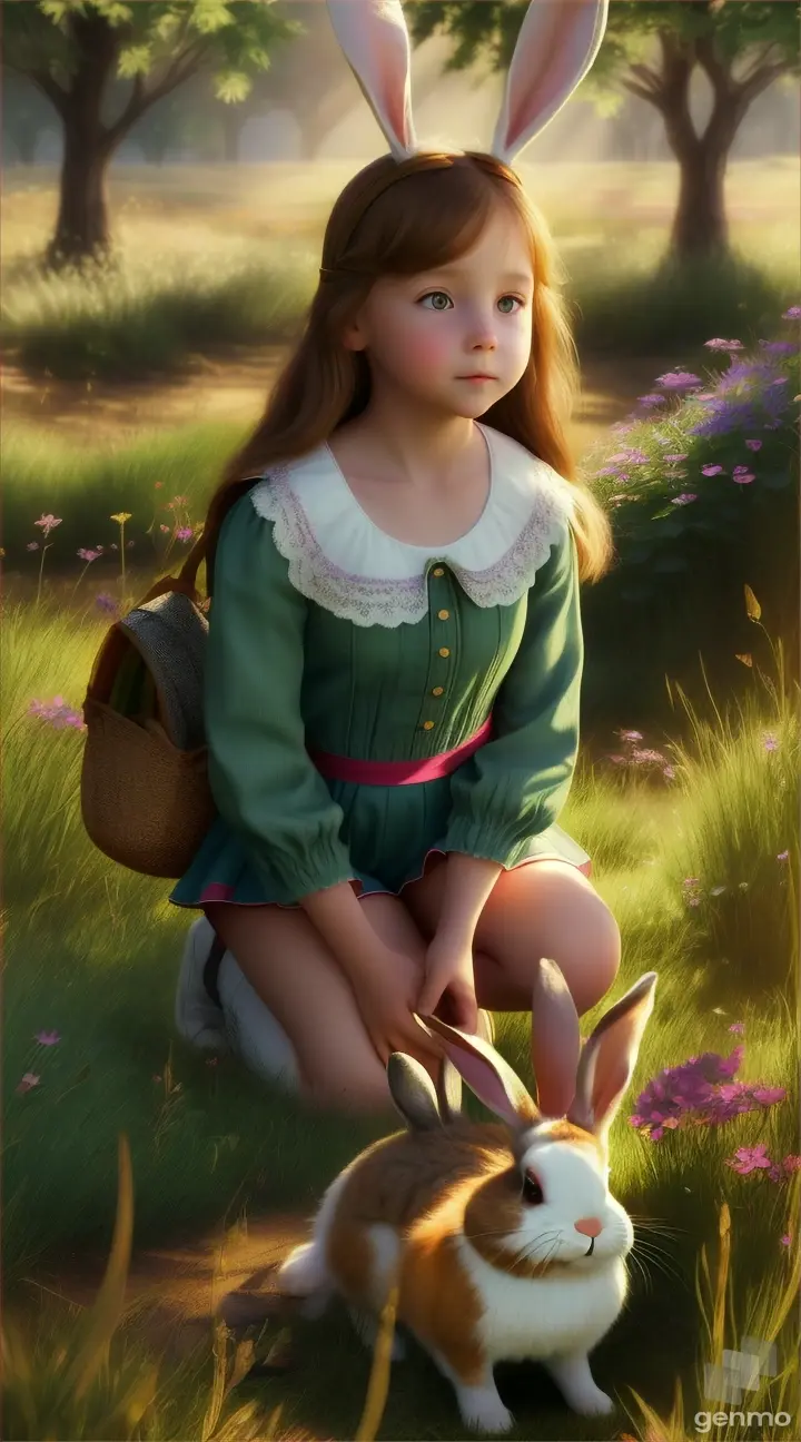 The little girl, Lily, kneeling in the meadow, spots the rabbit for the first time. The rabbit is struggling slightly in the thorny bush, and the sunlight casts a warm glow over the scene.