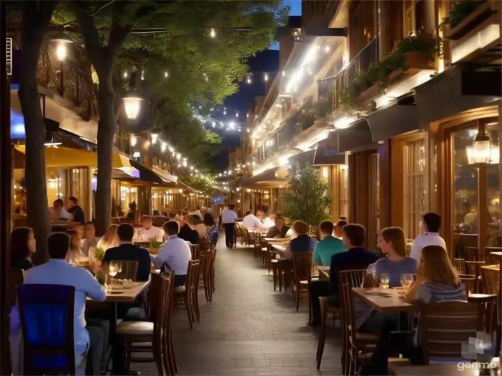 a group of people sitting at tables in a restaurant