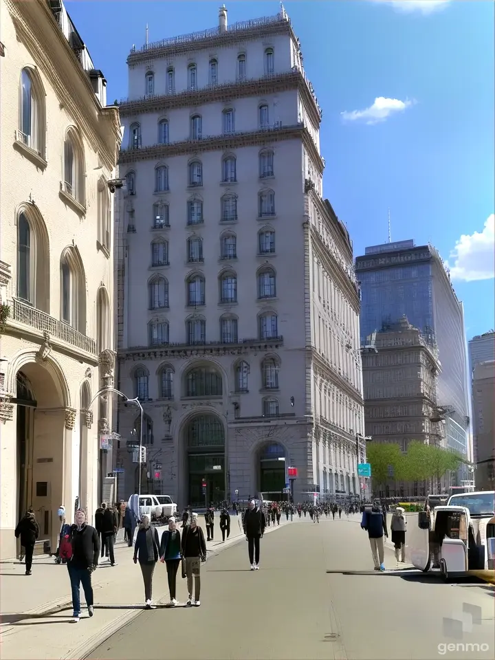 a group of people walking down a street next to tall buildings