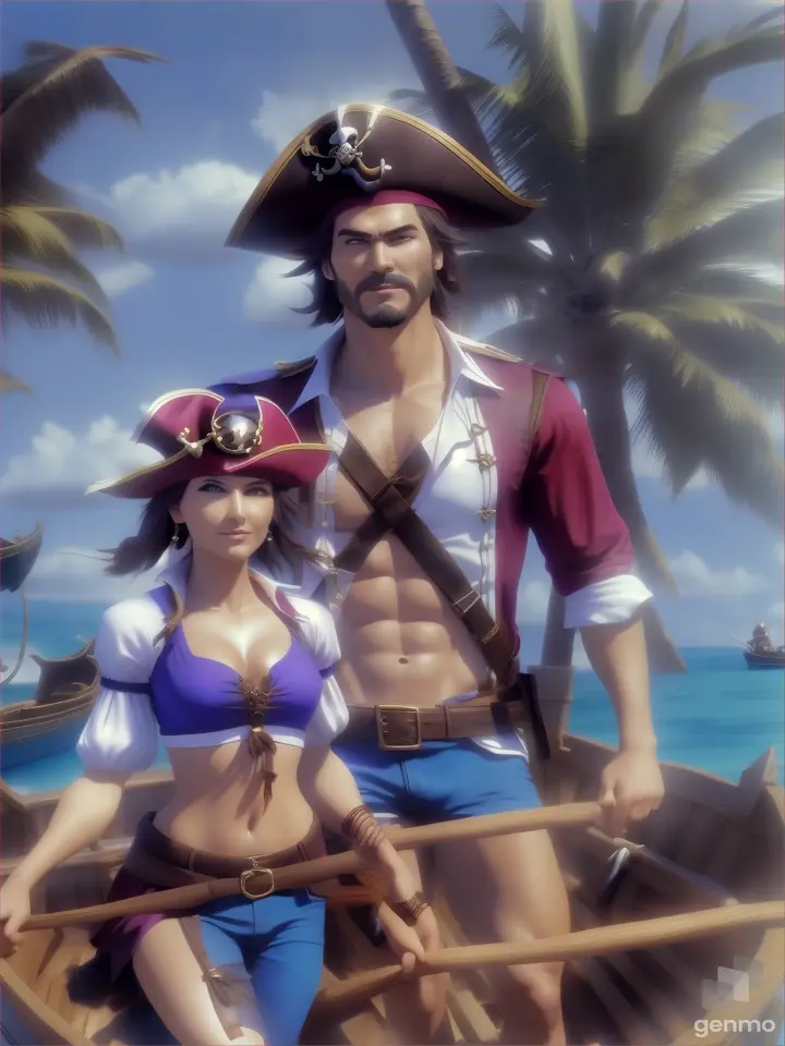 zoom out to see a pretty pirate woman and a pirate man in a rowboat, a tropical island is behind them with a sandy beach and palm trees 