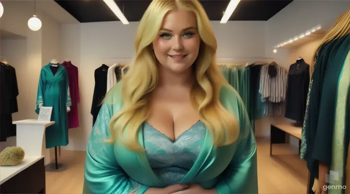 beautiful pragnent blonde Russian woman plus size, Long hair,Stunning Sea lite green Robes, tattoos, posing for a picture in clothes store