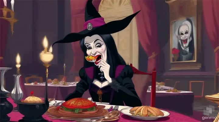 Cartoon very horrible witch sit on dinning table and eating food in royal palace 