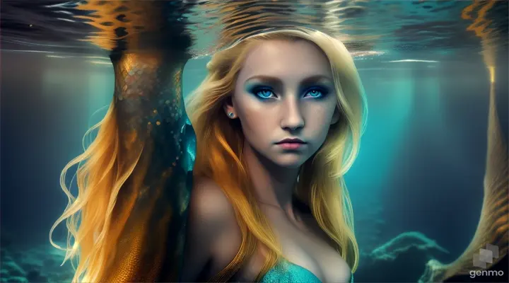 (masterpiece, best quality), close up, A beautiful blonde mermaid with piercing eyes glancing down towards the ground, in the ruins of Atlantis. a dark and moody atmosphere deep depths of the ocean, sea floor, ground, water motion,