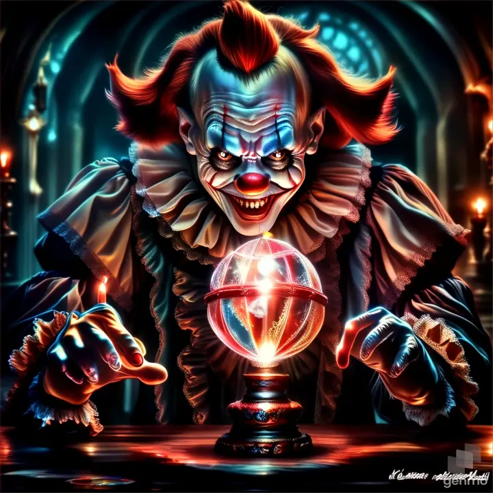 a creepy clown holding a glowing globe in his hands