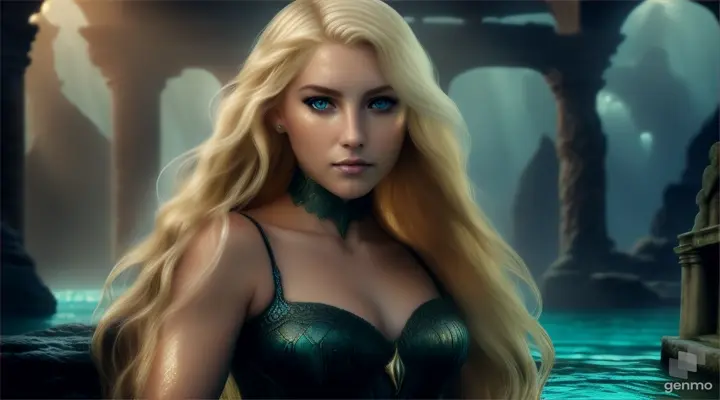 (masterpiece, best quality), close up, A beautiful blonde mermaid with piercing eyes glancing down towards the ground, in the ruins of Atlantis. a dark and moody atmosphere deep depths of the ocean, sea floor, ground, water motion,