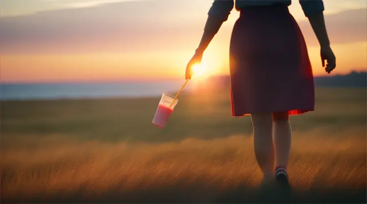 The sun setting in the background, casting a warm golden light, as the woman holds her strawberry milkshake and walks towards the horizon.