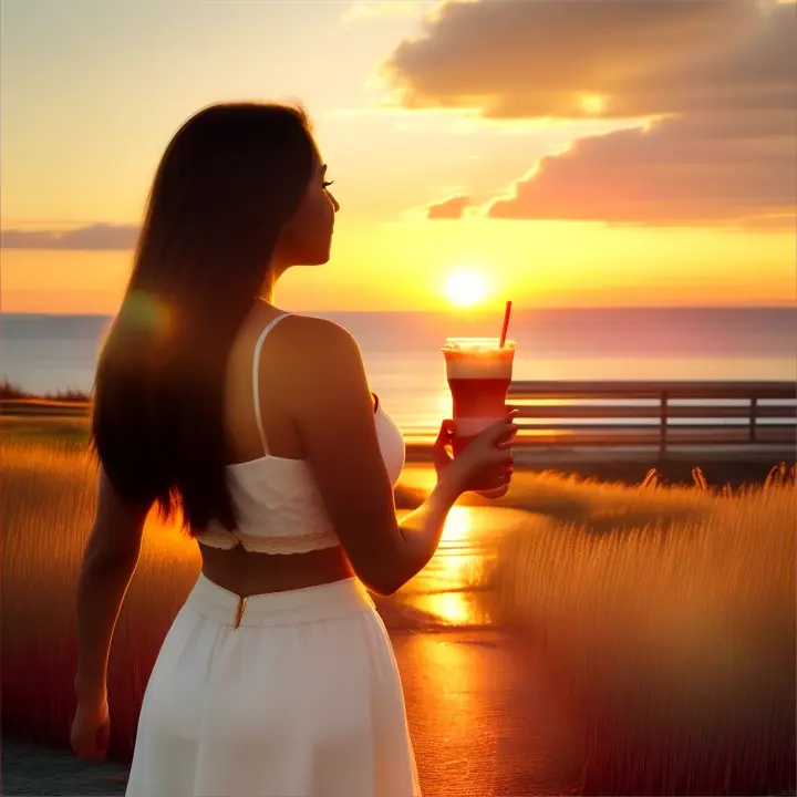 The sun setting in the background, casting a warm golden light, as the woman holds her strawberry milkshake and walks towards the horizon.