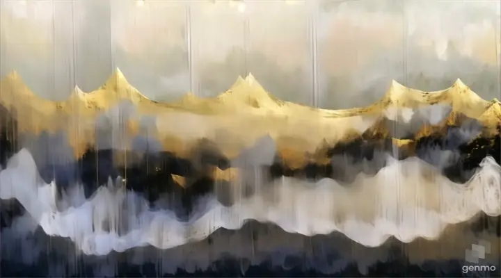 a painting of a mountain range with gold and black paint