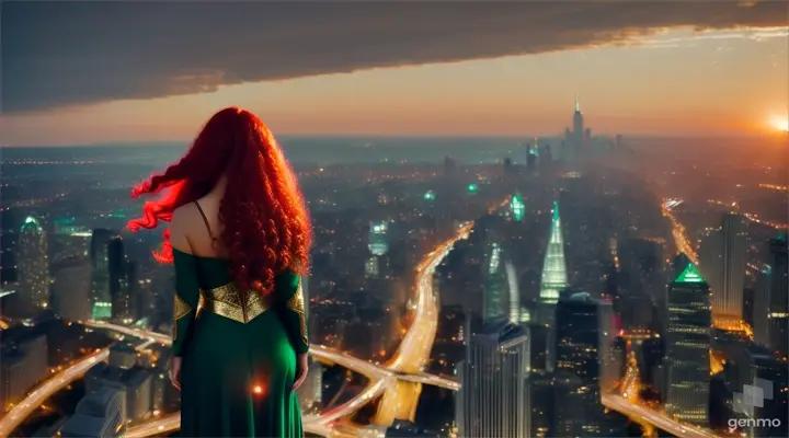 Super macro shot. Create a high quality, realistic video of a woman with the following characteristics: She has long, curly red hair. She is wearing a flowing emerald green dress with intricate gold patterns.  She stands with her back to us at the edge of a futuristic cityscape at dawn, where skyscrapers and flying machines reflect the rising sun. The skyline is a combination of nature and advanced technology, symbolising the dawn of limitless possibilities. Super detail, professional colour correction, detailed macro -ar 16:9