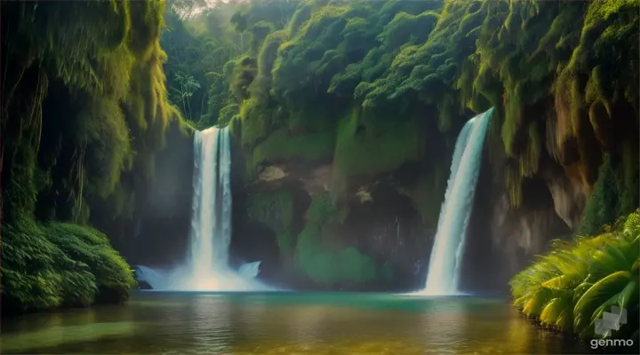 16x9, hyper realistic, Bali, Indonesia: Open with a wide-angle shot of lush tropical forest. Slowly move the camera closer, capturing the intricate details of the falling water and surrounding greenery. The sound of water and exotic bird calls reflect the healing effects of nature.