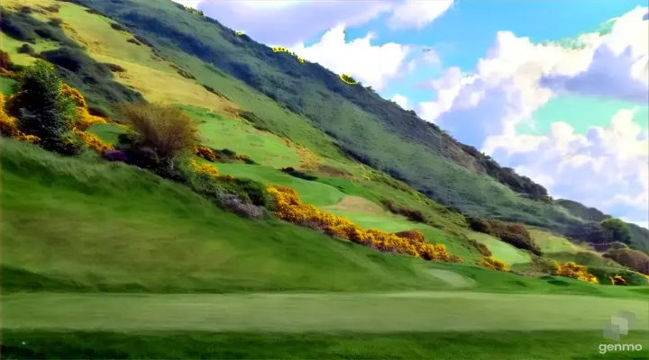 a golf green with a yellow flag on it