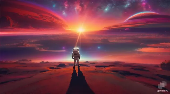 An astronaut standing on an alien planet, under a stunning colorful sky 16:9