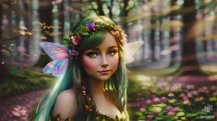 A beautiful forest fairy in a fairy forest near a magic flower , sparks are magical, radiance comes from a flower, realistically cinematic, cartoon, fairy forest