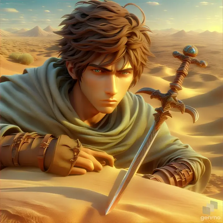 a man in a desert holding a sword