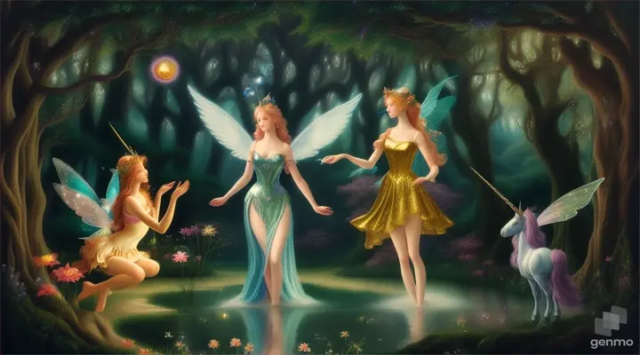 creation of a scene of a 3 sparkling fairies with flying unicorn standing in dark forest where water turns into Mercury and flowers tilted by magic 16;9