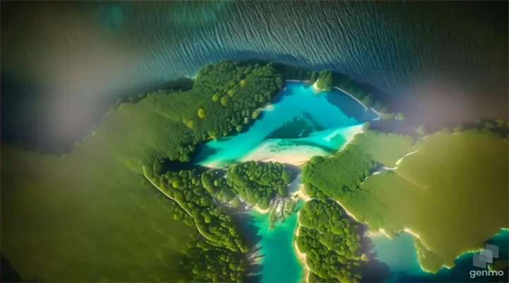 16x9, Arc drone shot of Plitvice Lakes, Croatia: Start with a wide-angle aerial view of interconnected waterfalls and clear turquoise lakes. Gradually descend to a closer perspective, slowly panning across the lush greenery and flowing water. The melody of the water and the scenery offer viewers natural therapy.