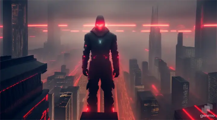 A dark, ominous figure composed of glowing code, with glowing red eyes, looming over a futuristic cityscape