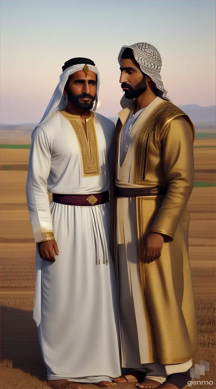 A poor Muslim farmer standing in the field with an Arab Muslim king