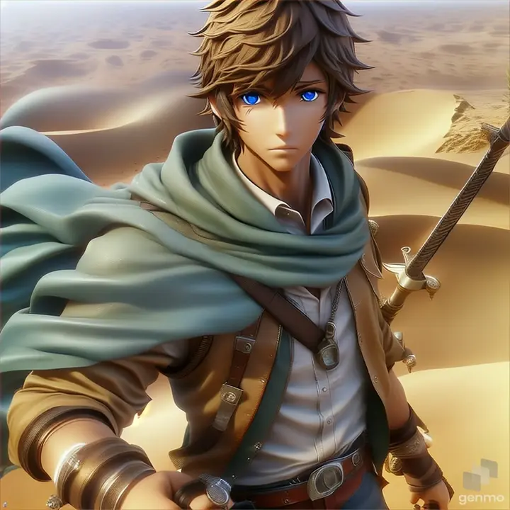 a man in a desert with a sword